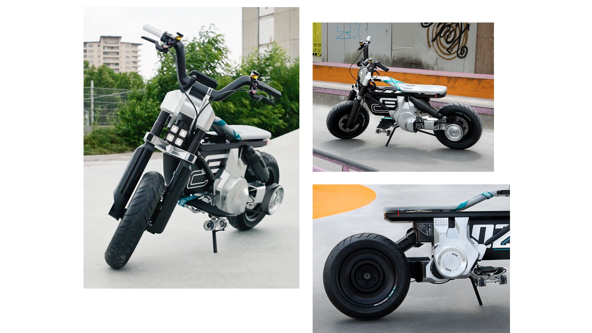 Concept CE 02'nin kay kay pistinde üç resminden oluşan kolaj. Soldaki resim modelin oranlarına, üstteki modelin yandan görünümüne odaklanırken alt sağdaki arka tekerlek ve seleye odaklanıyor.