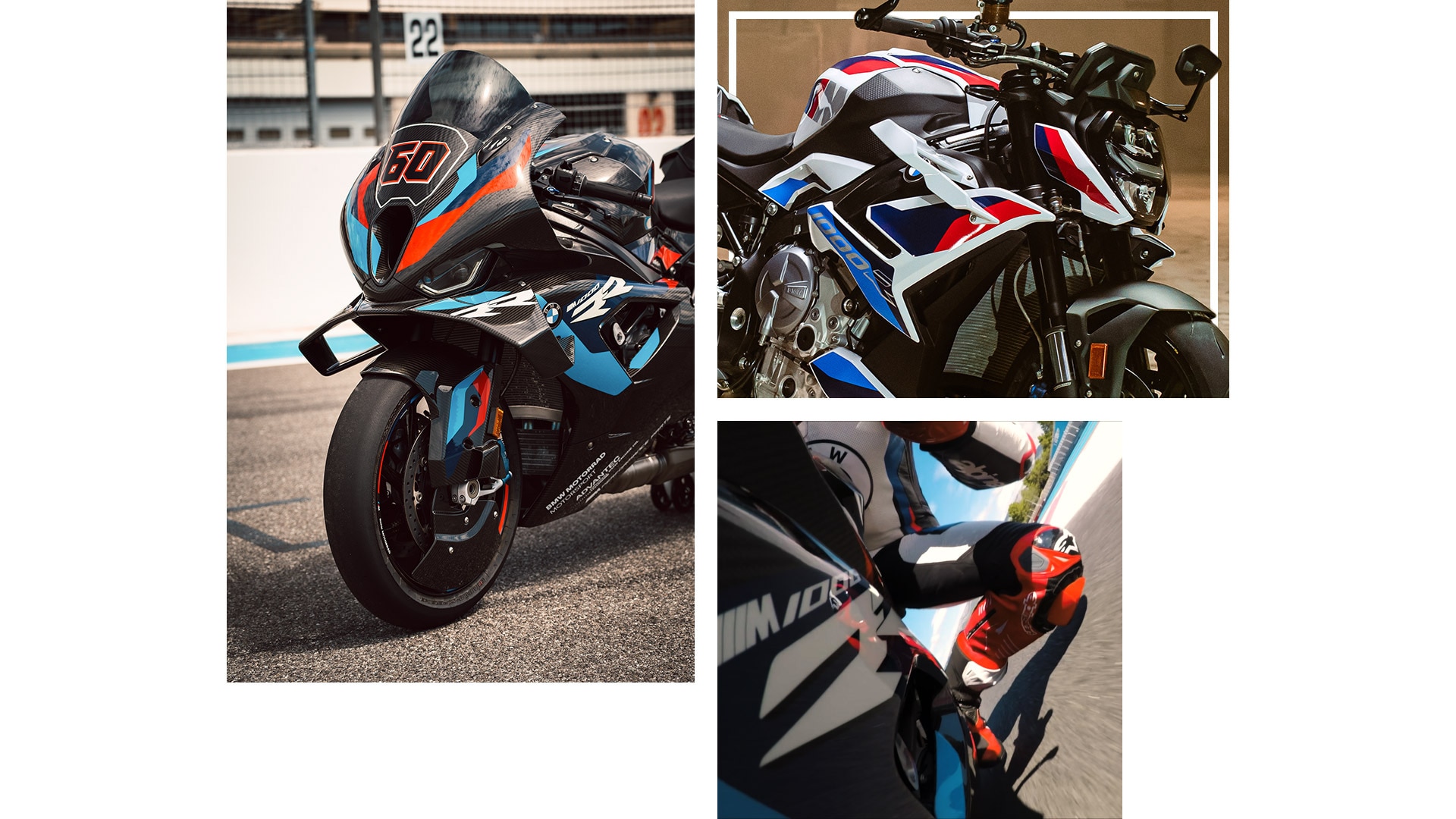 Hareket halinde M 1000 RR ve M 1000 R modellerini gösteren resimlerden oluşan kolaj
