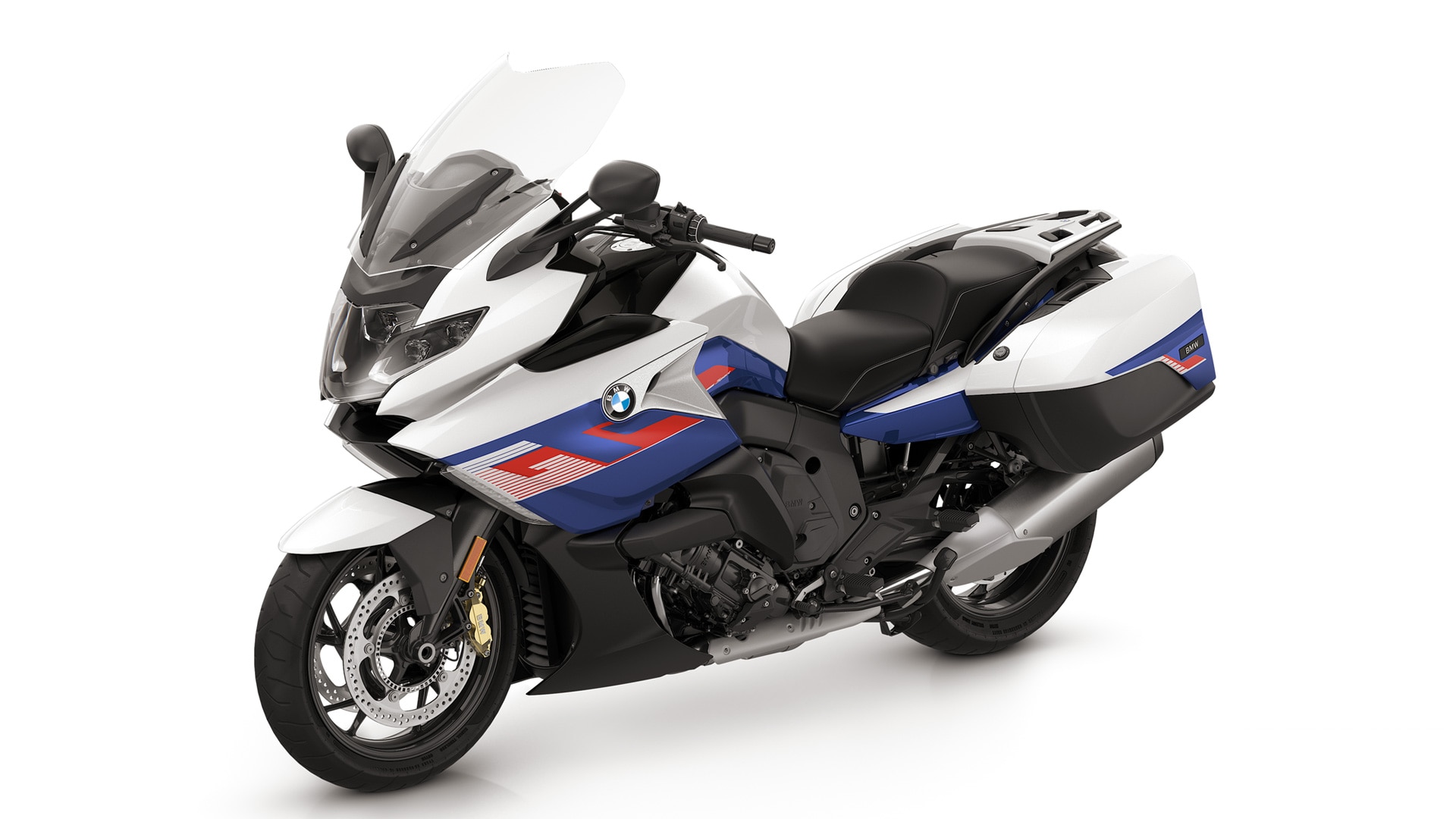 Beyaz/Metalik Yarış Mavisi/Yarış Kırmızısı K 1600 GT’nin görünümü.